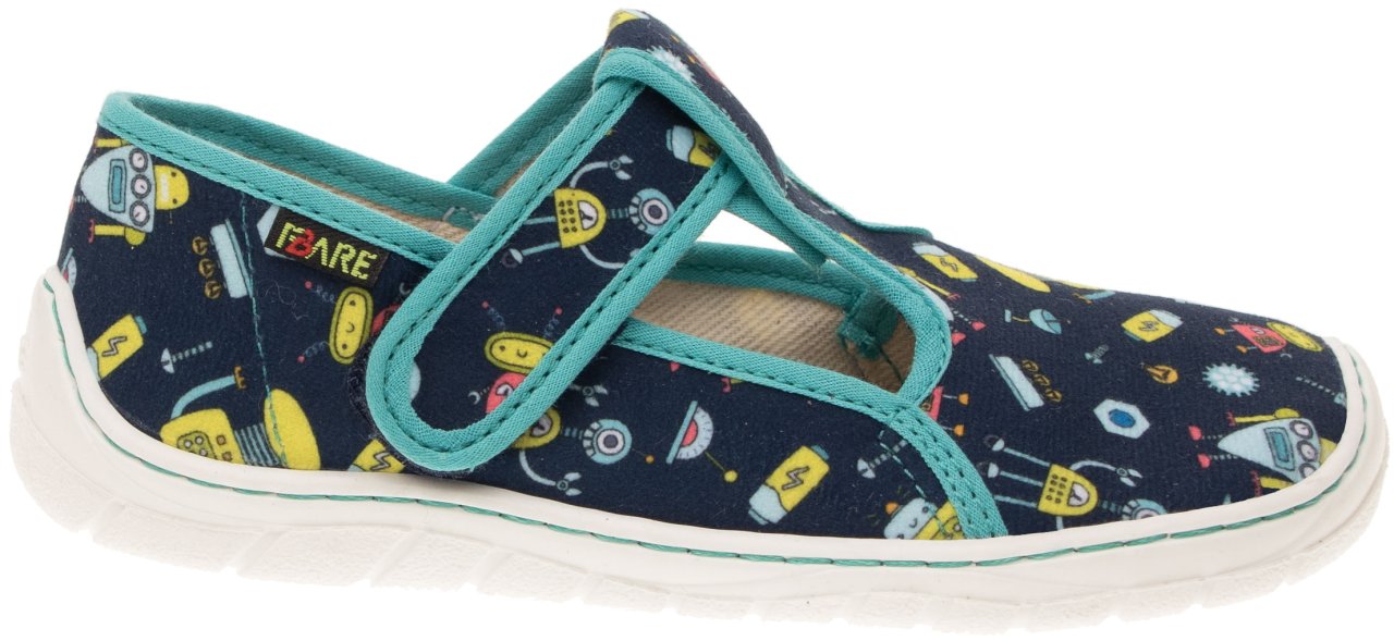 Fare Bare Slippers Blue Robots - Zapatillas de casa barefoot infantiles azules con estampado de robots