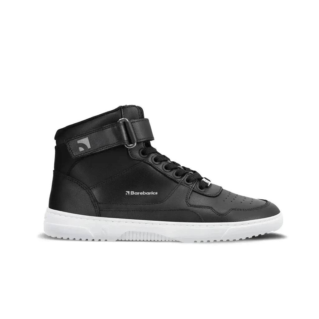 Barebarics - Zing High Top Leather Black & White - Zapatillas barefoot de caña alta unisex negras