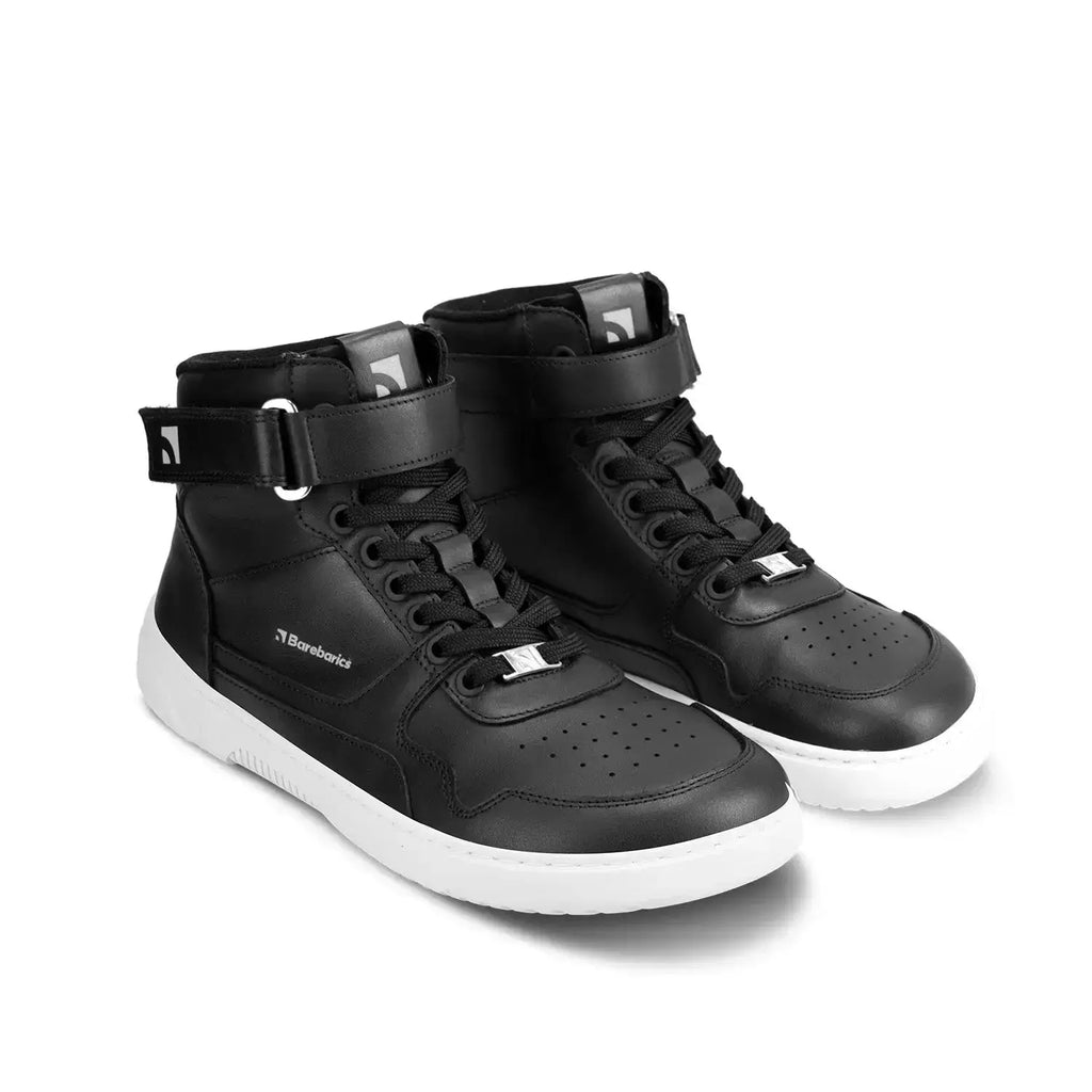 Barebarics - Zing High Top Leather Black & White - Zapatillas barefoot de caña alta unisex negras