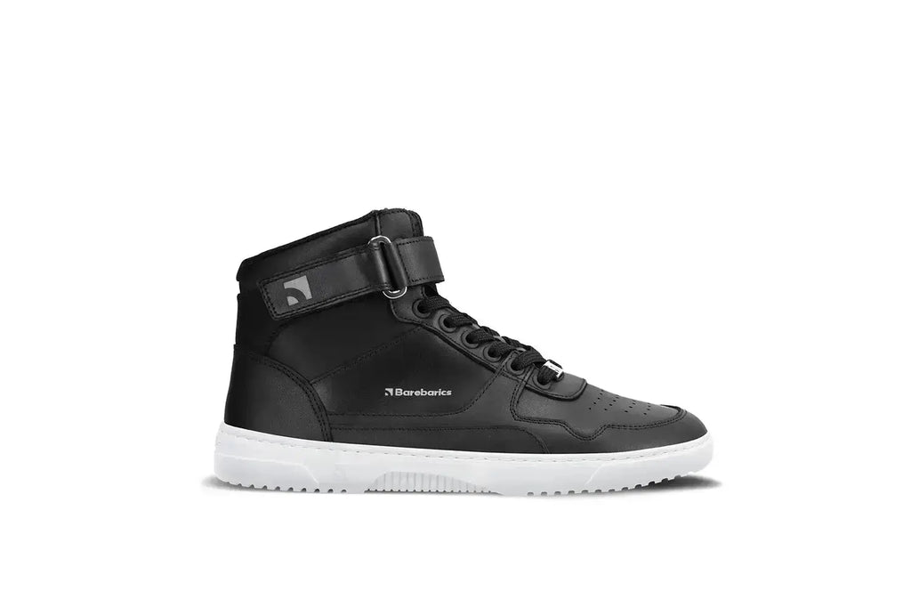 Barebarics - Zing High Top Leather Black & White - Zapatillas barefoot de caña alta unisex negras