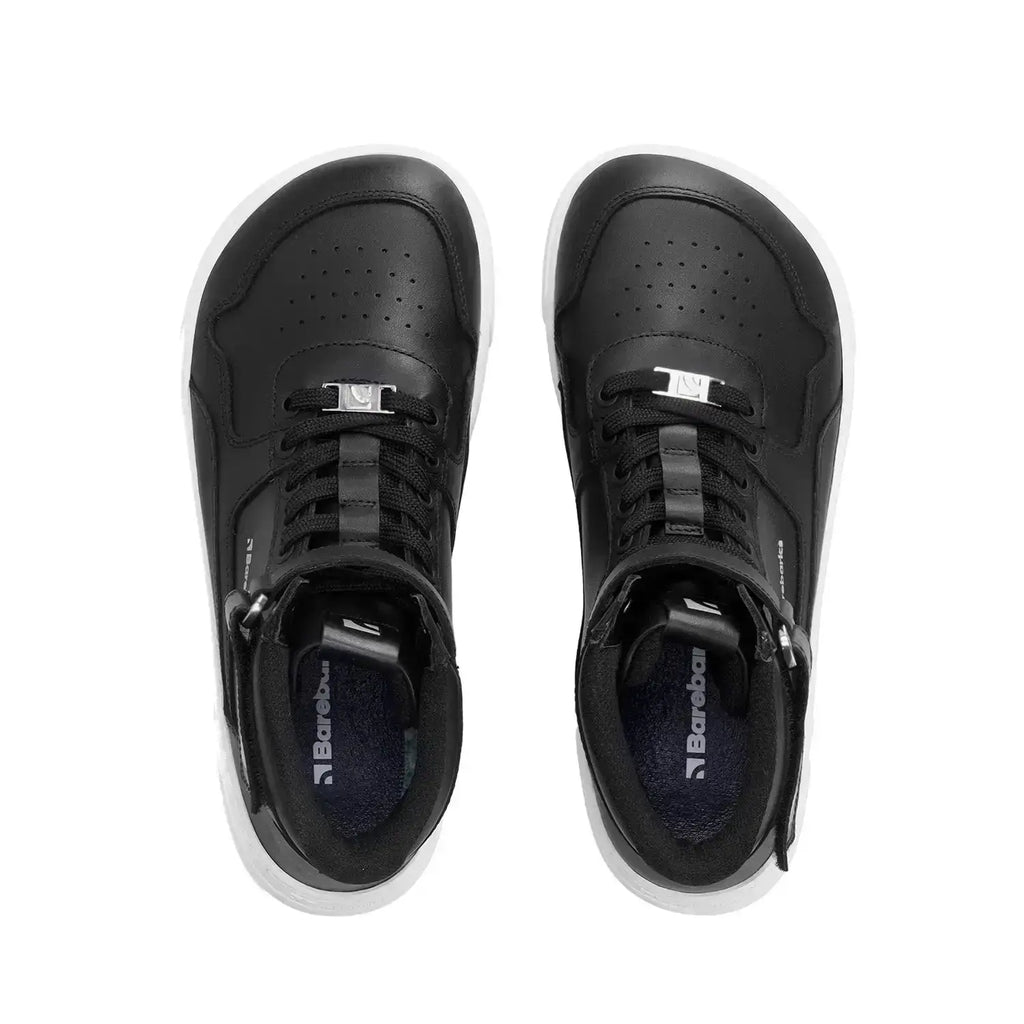 Barebarics - Zing High Top Leather Black & White - Zapatillas barefoot de caña alta unisex negras