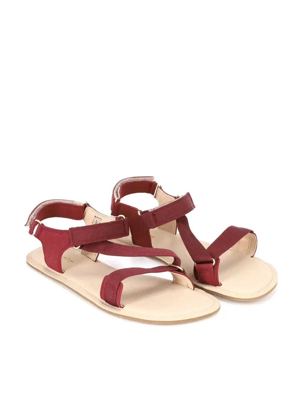 Paire de sandales barefoot Be Lenka Flexi 2.0 bordeaux avec brides en tissu et semelle claire.