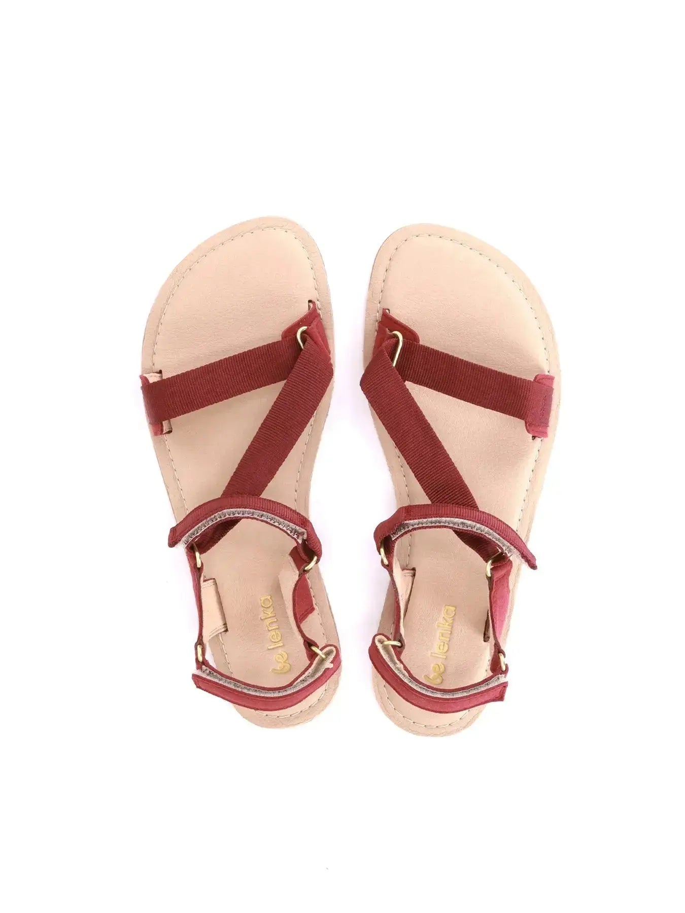 Paire de sandales barefoot Be Lenka Flexi 2.0 bordeaux avec brides en tissu et semelle beige.