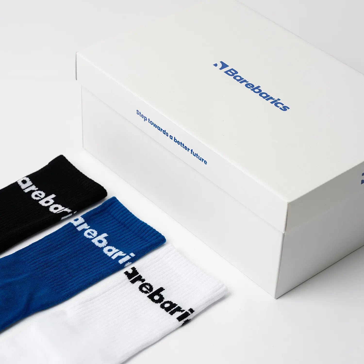 Barebarics - Chaussettes barefoot - Mi-hautes - Bleu - Grand logo - Lot de 3