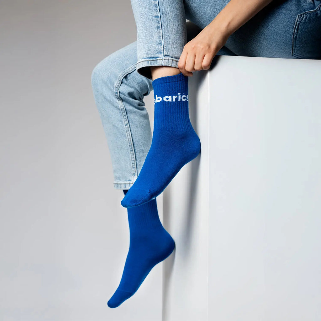 Barebarics - Chaussettes barefoot - Mi-hautes - Bleu - Grand logo - Lot de 3