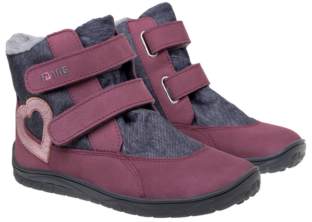 Fare Bare Kids Frostky Heart Pink - Botines barefoot infantiles impermeables calientes burdeos