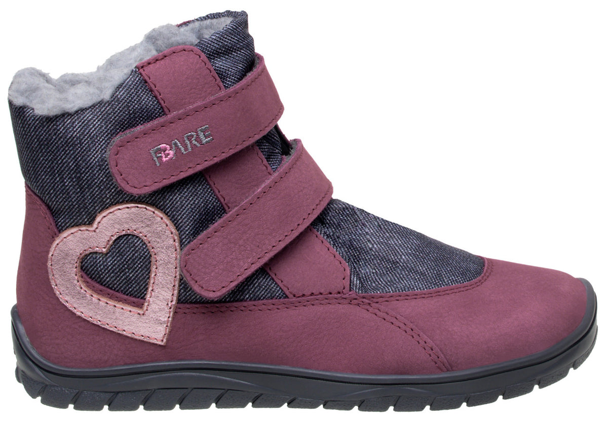 Fare Bare Kids Frostky Heart Pink - Botines barefoot infantiles impermeables calientes burdeos
