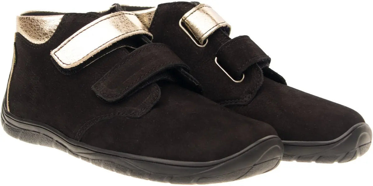 Fare Bare Kids Holeby Black - Botines barefoot infantiles otoñales de cuero negras con dorado  Cacles Barefoot