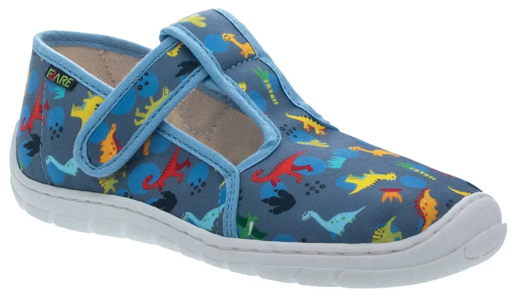 Fare Bare Slippers Blue Dino - Zapatillas de casa barefoot infantiles azules con estampado de dinosaurios  Cacles Barefoot