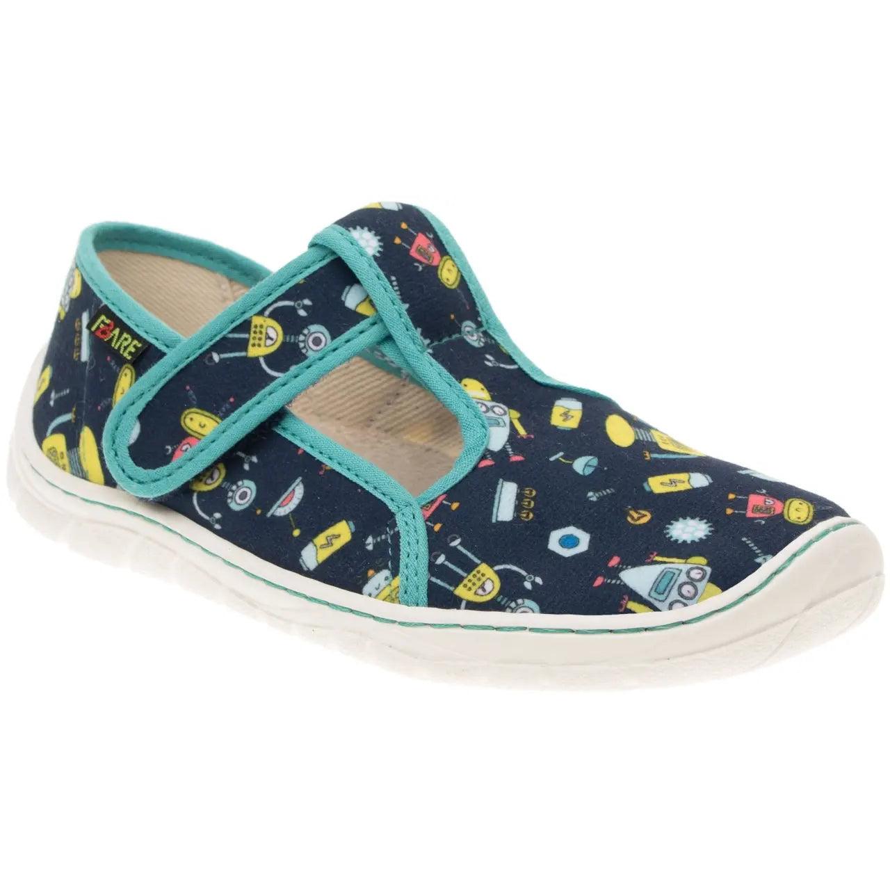 Fare Bare Slippers Blue Robots - Zapatillas de casa barefoot infantiles azules con estampado de robots  Cacles Barefoot