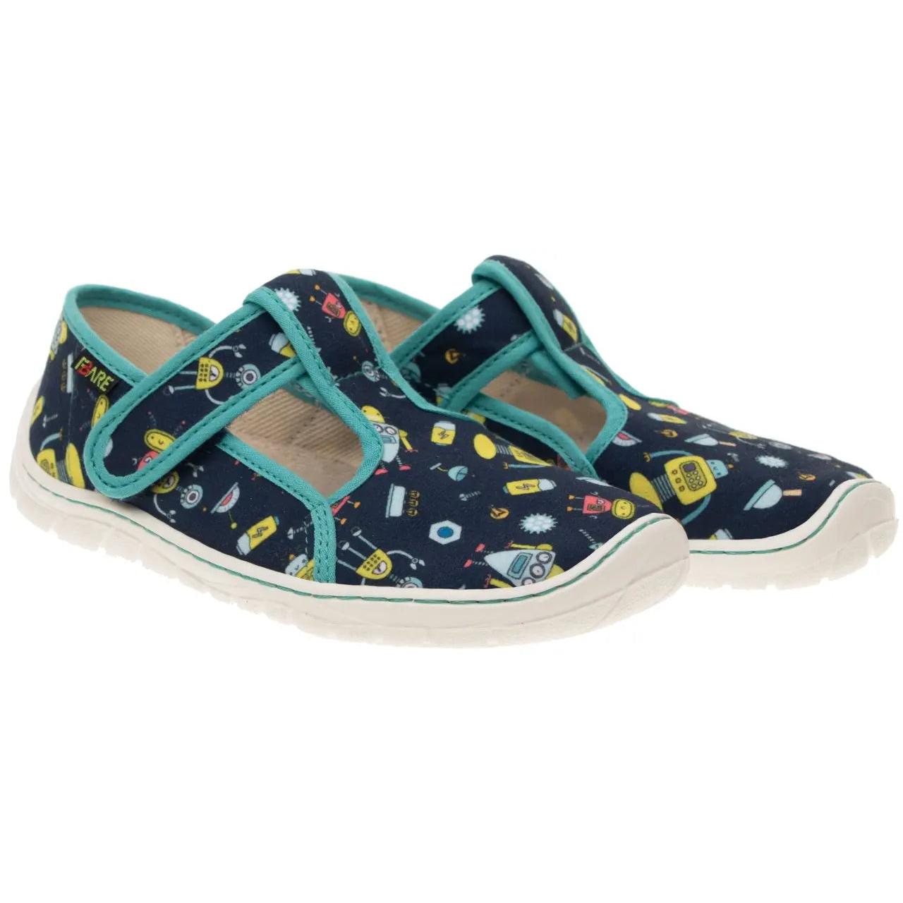 Fare Bare Slippers Blue Robots - Zapatillas de casa barefoot infantiles azules con estampado de robots  Cacles Barefoot