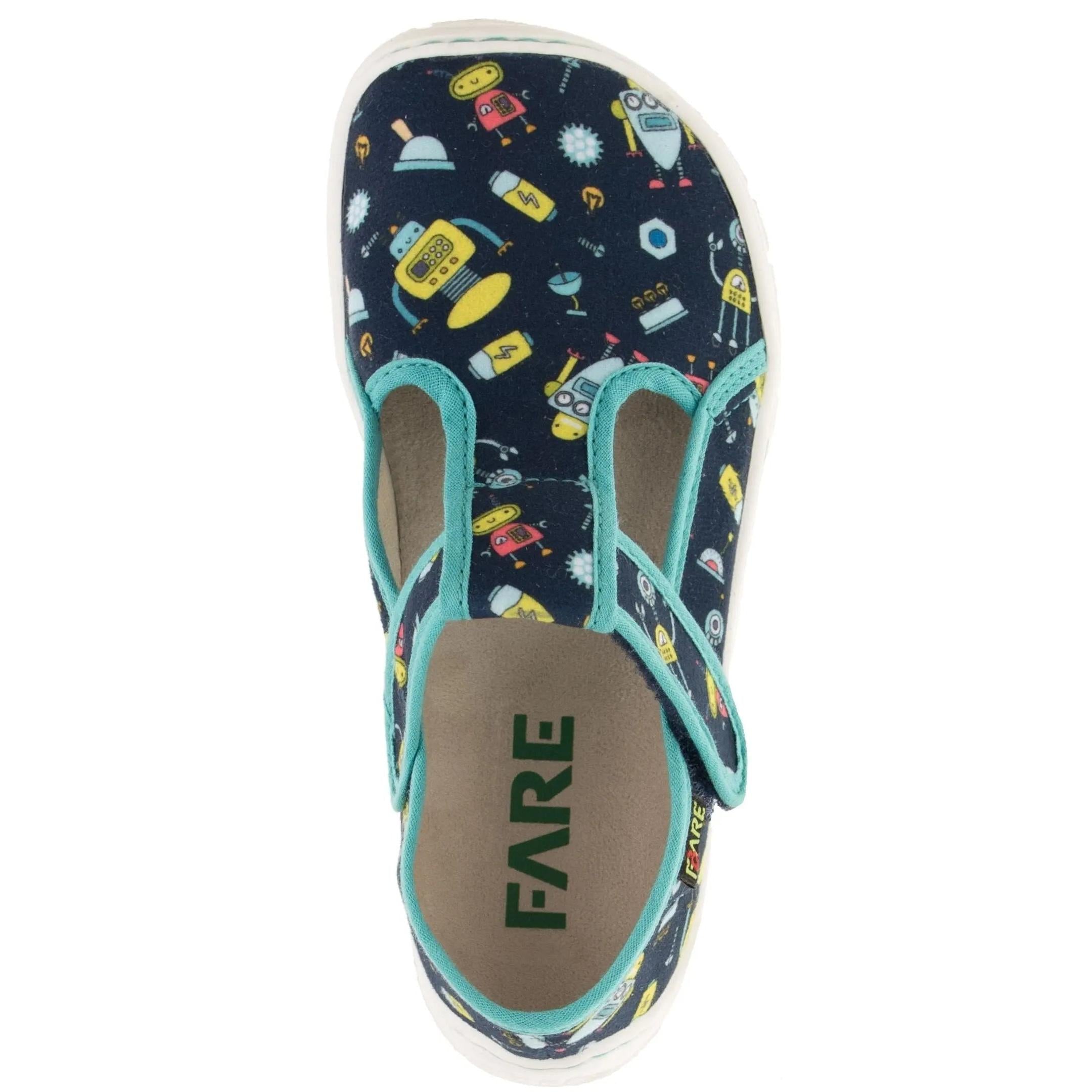 Fare Bare Slippers Blue Robots - Zapatillas de casa barefoot infantiles azules con estampado de robots  Cacles Barefoot