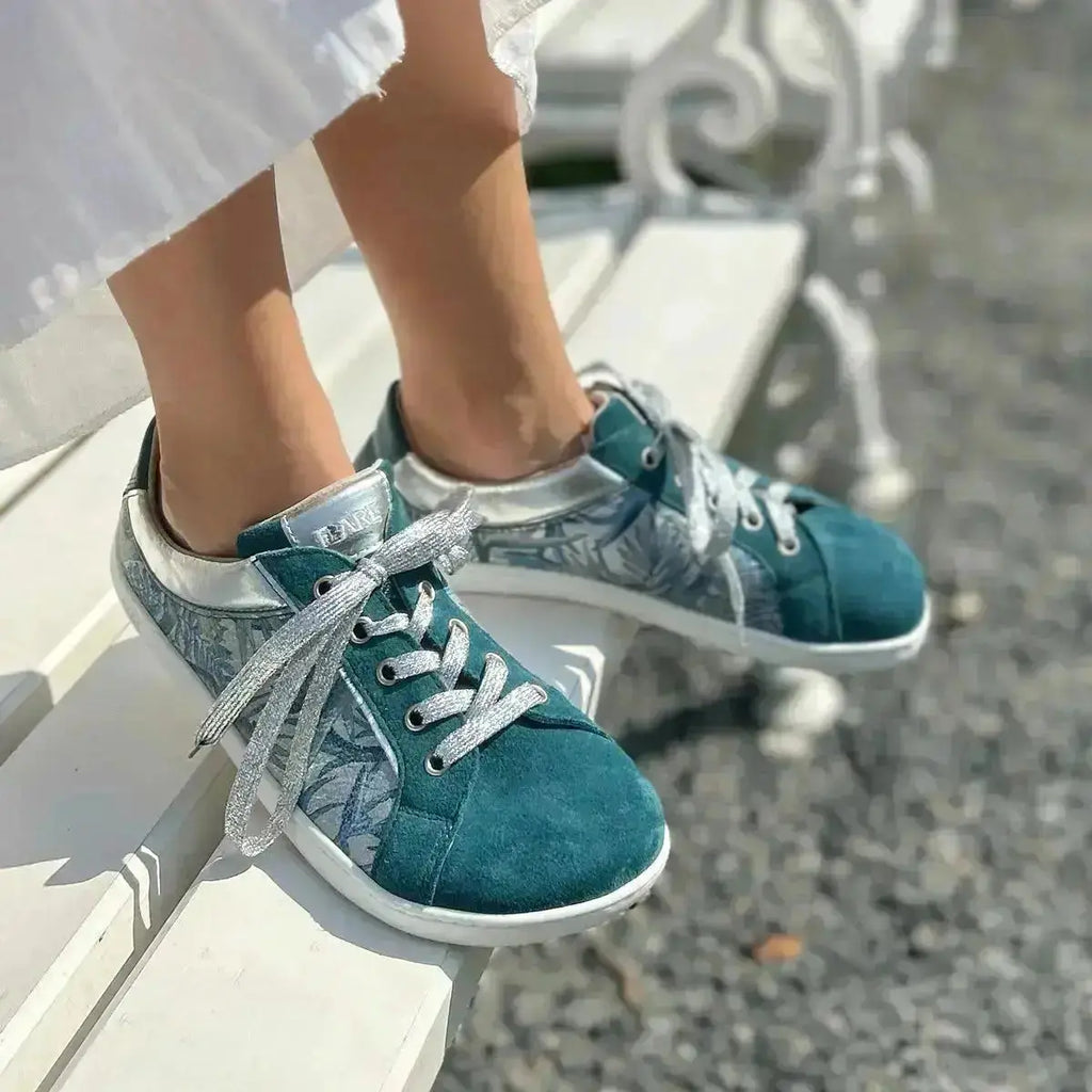 Fare Bare - Elegant Petrol Flower - Zapatillas barefoot de piel para mujer
