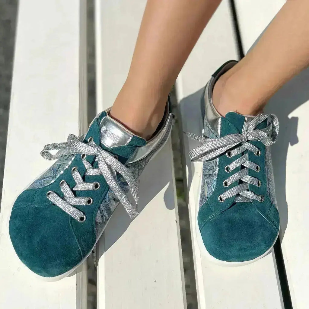 Fare Bare - Elegant Petrol Flower - Zapatillas barefoot de piel para mujer