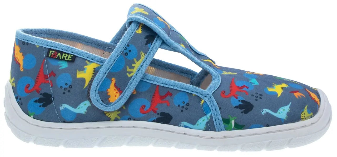 Fare Bare Slippers Blue Dino - Zapatillas de casa barefoot infantiles azules con estampado de dinosaurios  Cacles Barefoot