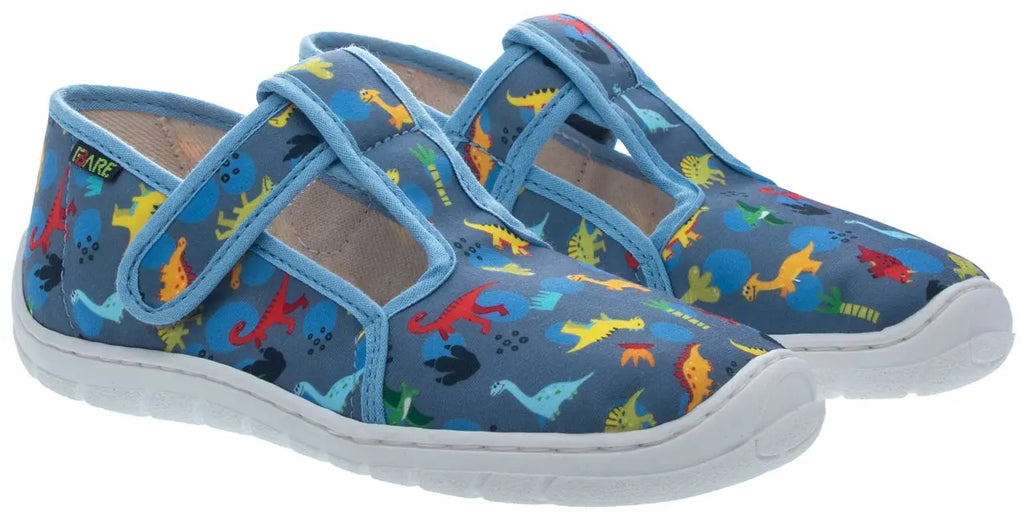 Fare Bare Slippers Blue Dino - Zapatillas de casa barefoot infantiles azules con estampado de dinosaurios  Cacles Barefoot