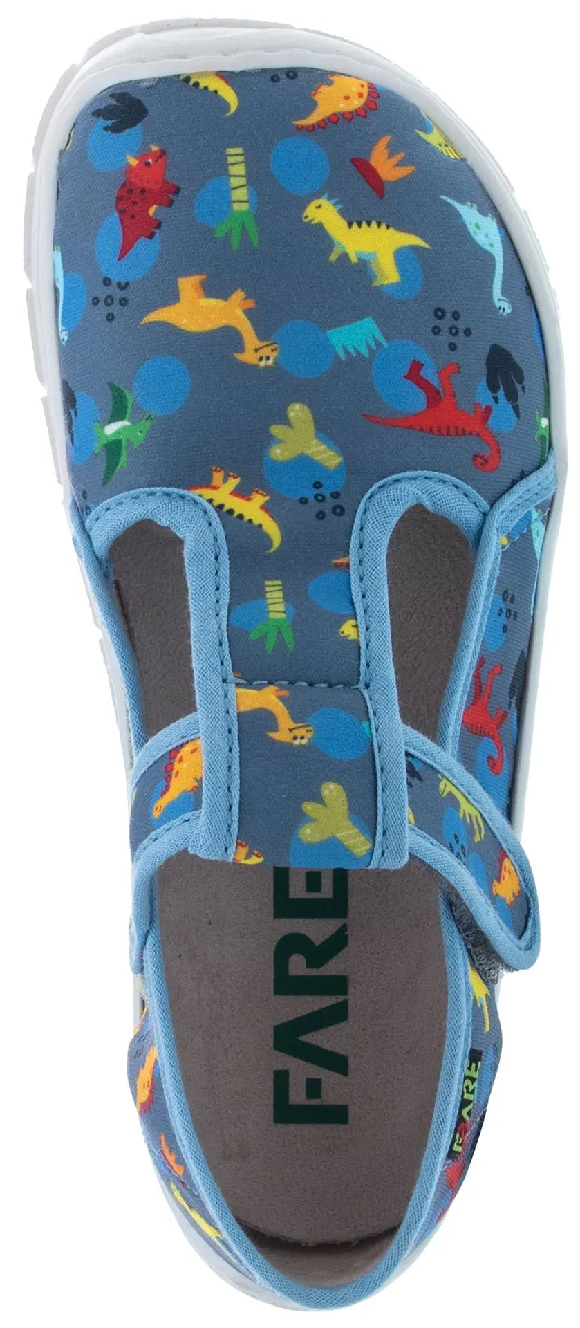 Fare Bare Slippers Blue Dino - Zapatillas de casa barefoot infantiles azules con estampado de dinosaurios  Cacles Barefoot