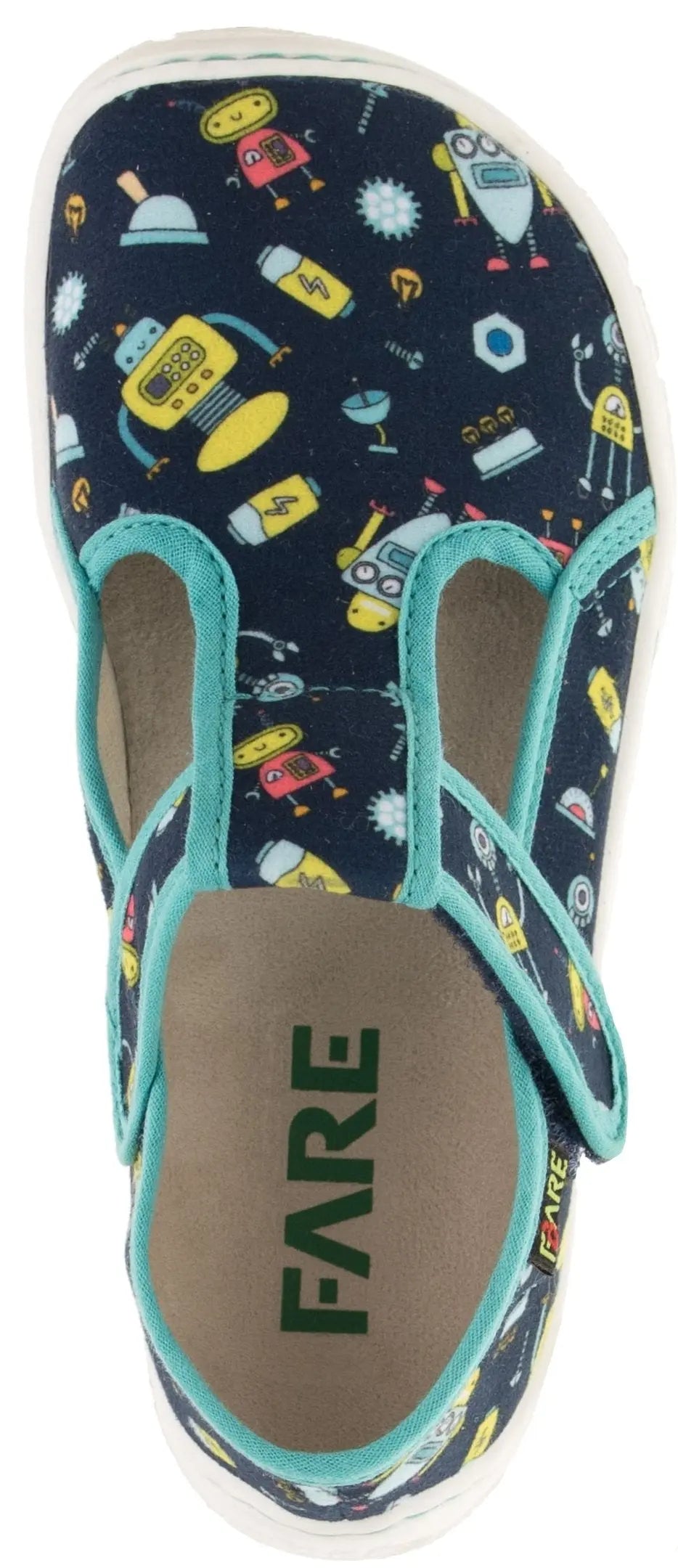 Fare Bare Slippers Blue Robots - Zapatillas de casa barefoot infantiles azules con estampado de robots  Cacles Barefoot