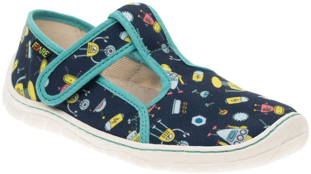 Fare Bare Slippers Blue Robots - Zapatillas de casa barefoot infantiles azules con estampado de robots  Cacles Barefoot
