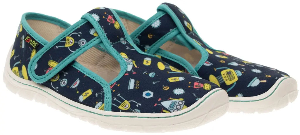 Fare Bare Slippers Blue Robots - Zapatillas de casa barefoot infantiles azules con estampado de robots  Cacles Barefoot