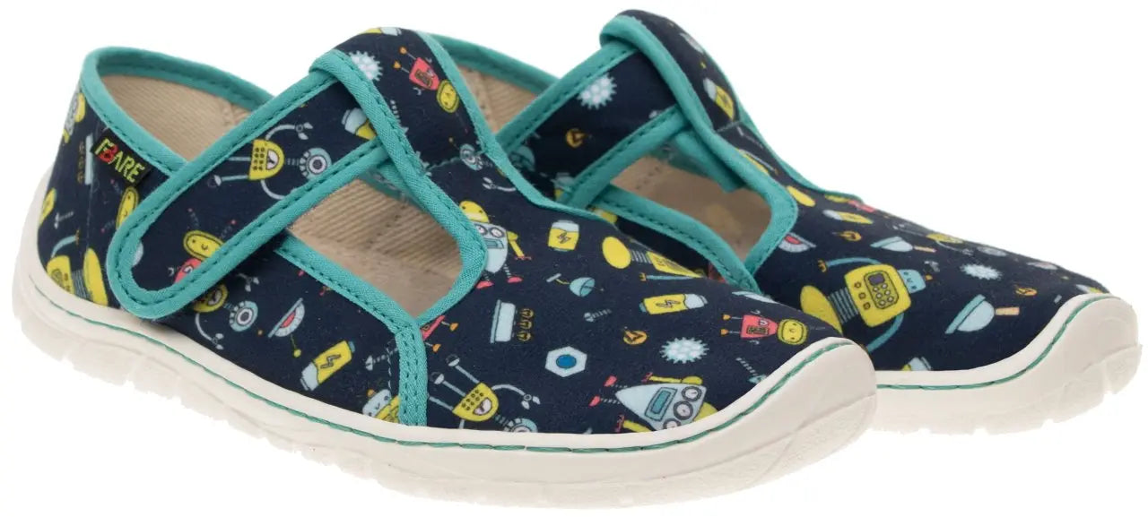 Fare Bare Slippers Blue Robots - Zapatillas de casa barefoot infantiles azules con estampado de robots  Cacles Barefoot