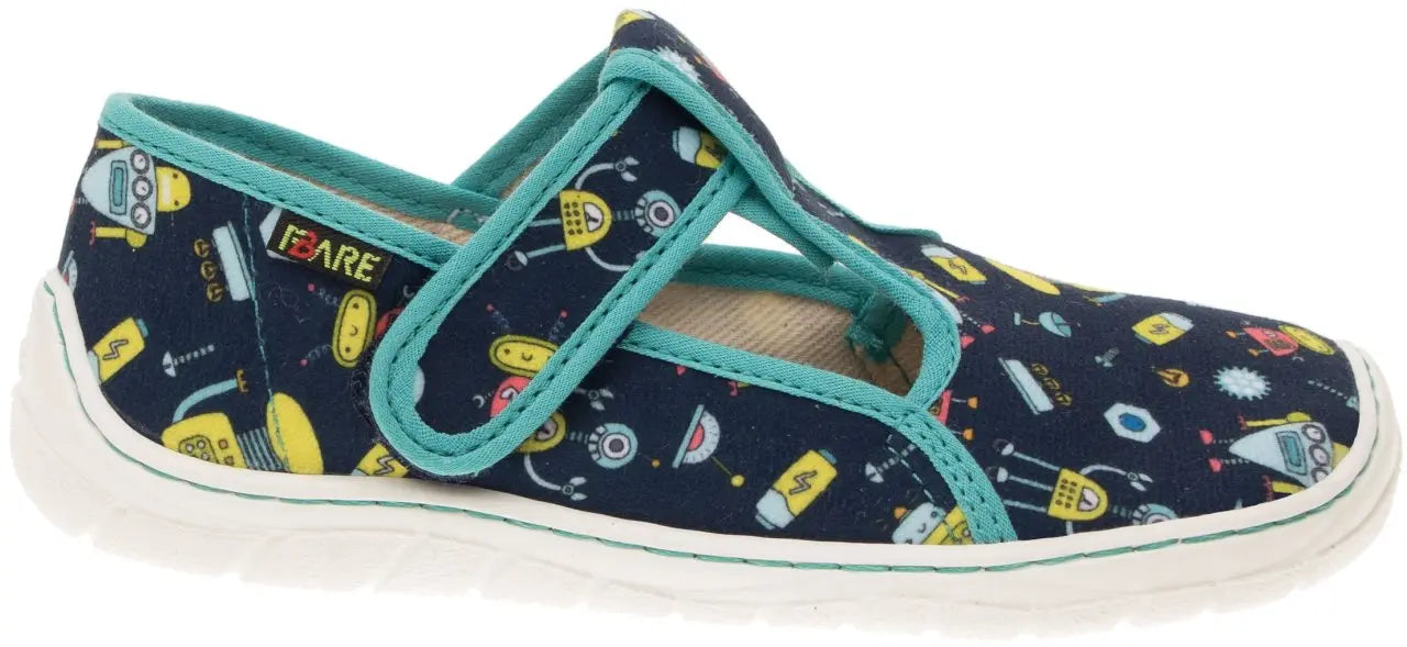 Fare Bare Slippers Blue Robots - Zapatillas de casa barefoot infantiles azules con estampado de robots  Cacles Barefoot