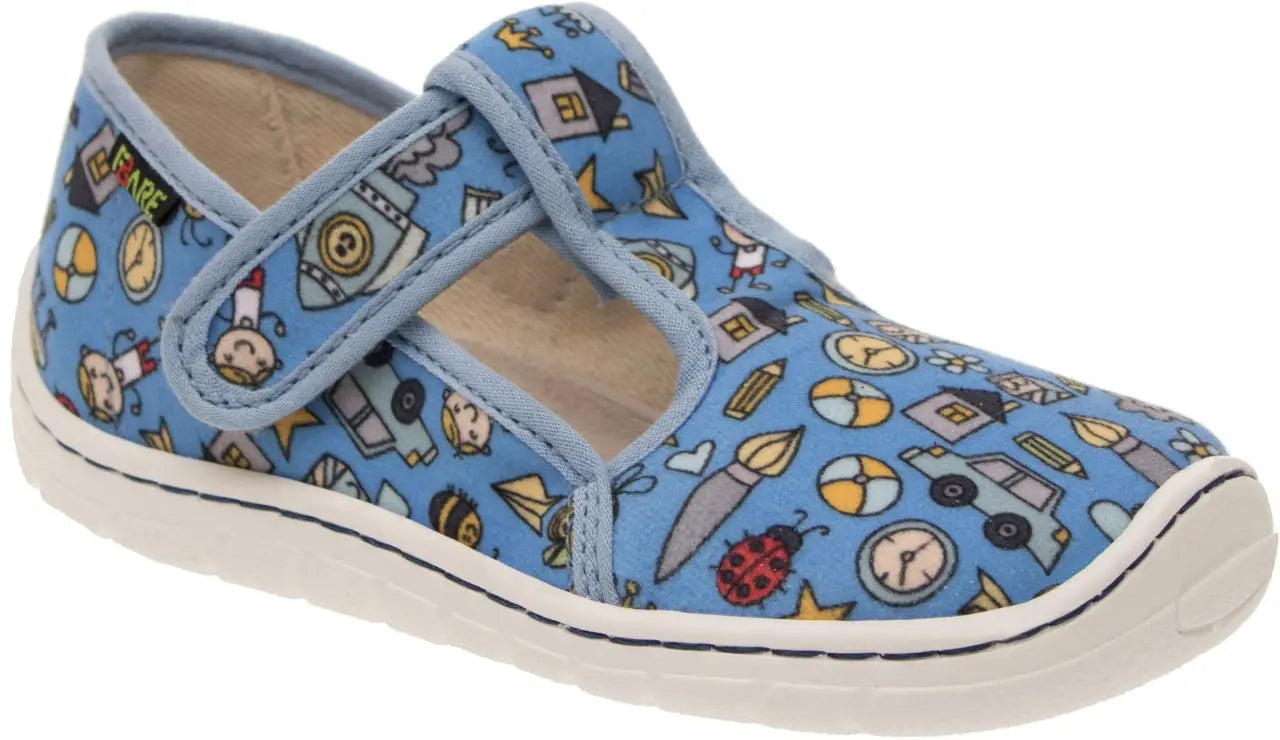 Fare Bare Slippers Light Blue - Zapatillas de casa barefoot infantiles azules con estampado de dibujitos  Cacles Barefoot