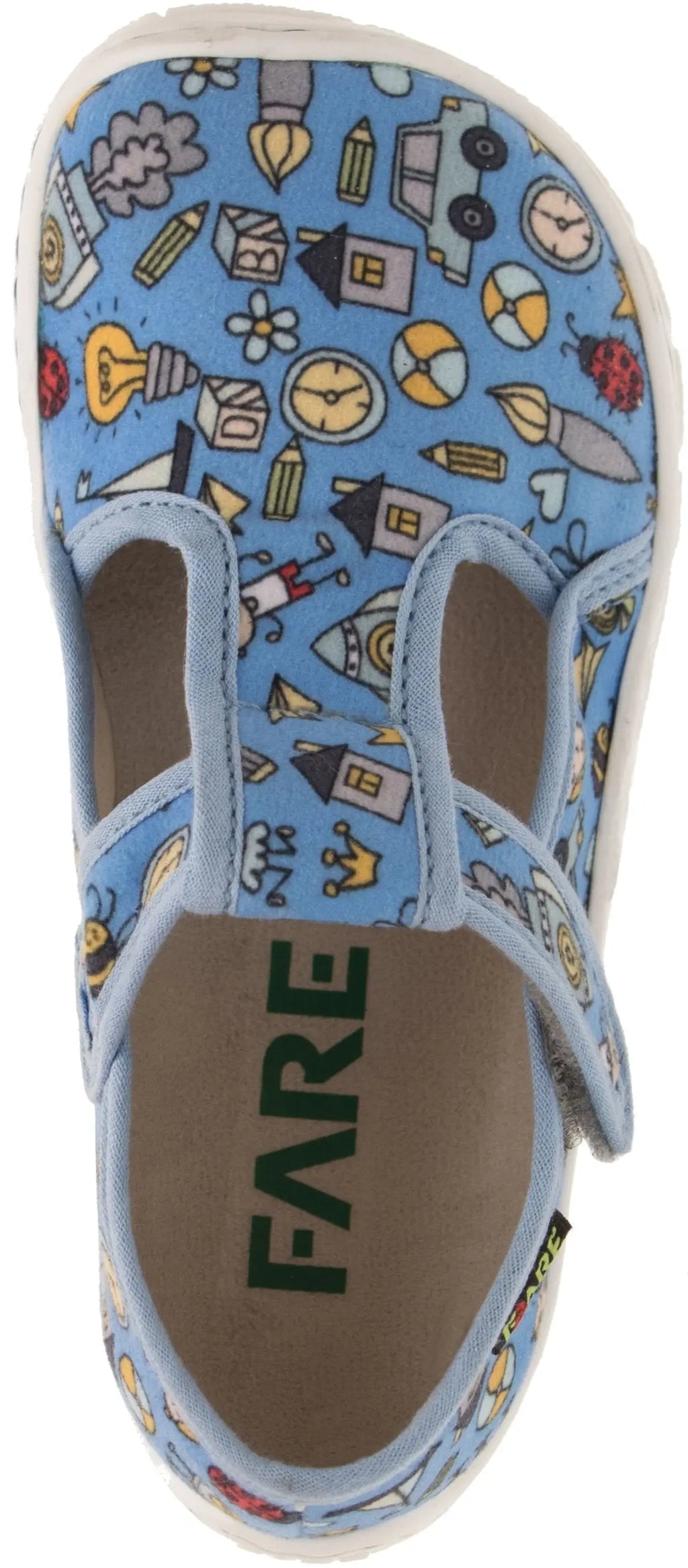 Fare Bare Slippers Light Blue - Zapatillas de casa barefoot infantiles azules con estampado de dibujitos  Cacles Barefoot