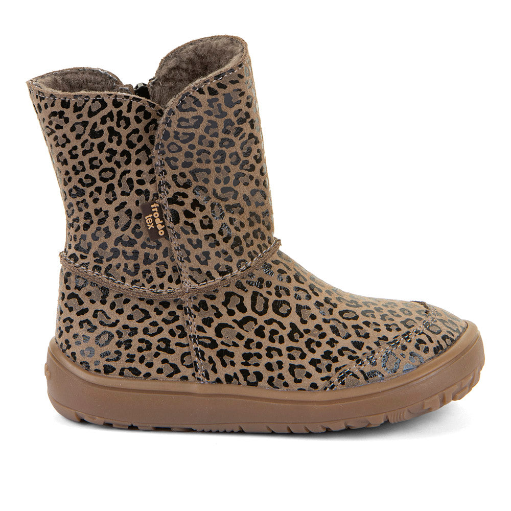Froddo Barefoot Tex Suede Beige+ - Botas australianas barefoot para mujer con estampado de lepardo