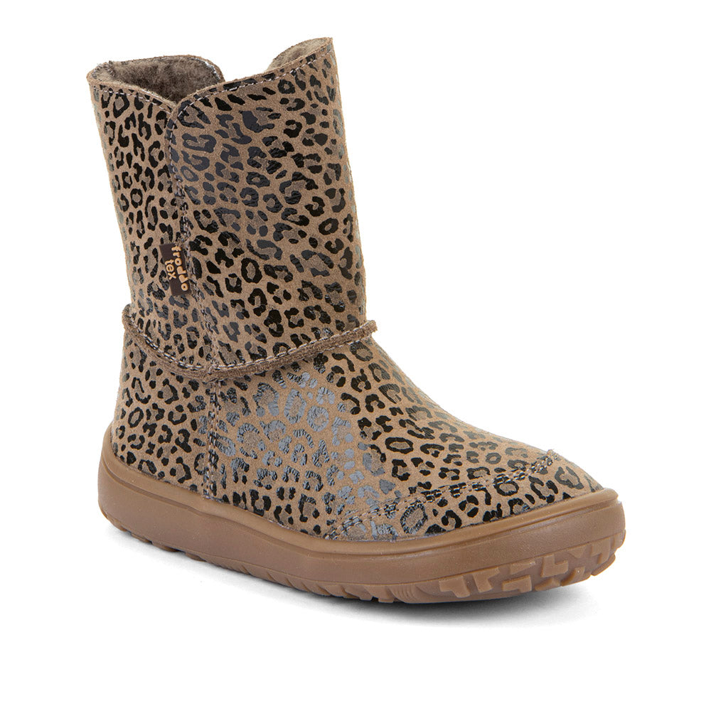 Froddo Barefoot Tex Suede Beige+ - Botas australianas barefoot para mujer con estampado de lepardo