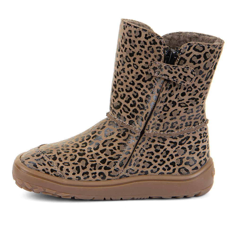 Froddo Barefoot Tex Suede Beige+ - Botas australianas barefoot para mujer con estampado de lepardo