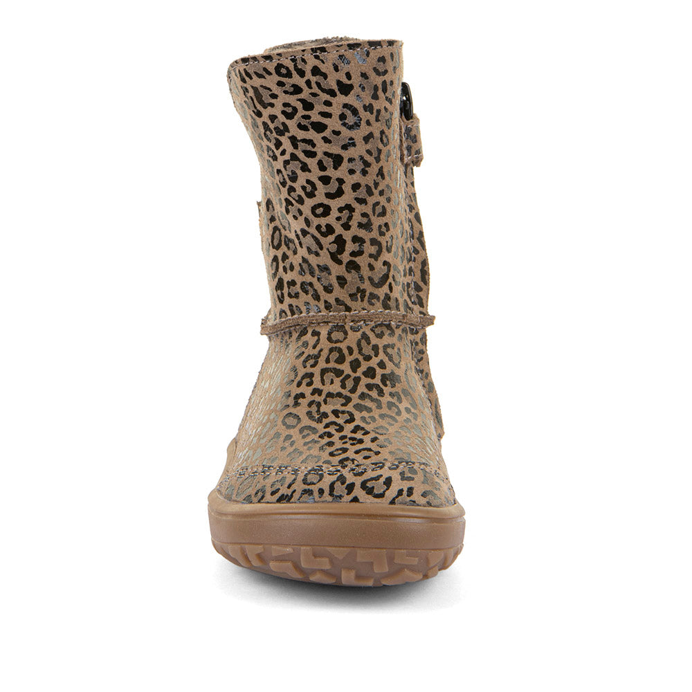 Froddo Barefoot Tex Suede Beige+ - Botas australianas barefoot para mujer con estampado de lepardo