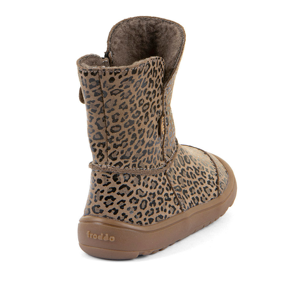 Froddo Barefoot Tex Suede Beige+ - Botas australianas barefoot para mujer con estampado de lepardo
