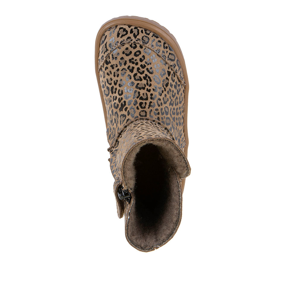 Froddo Barefoot Tex Suede Beige+ - Botas australianas barefoot para mujer con estampado de lepardo