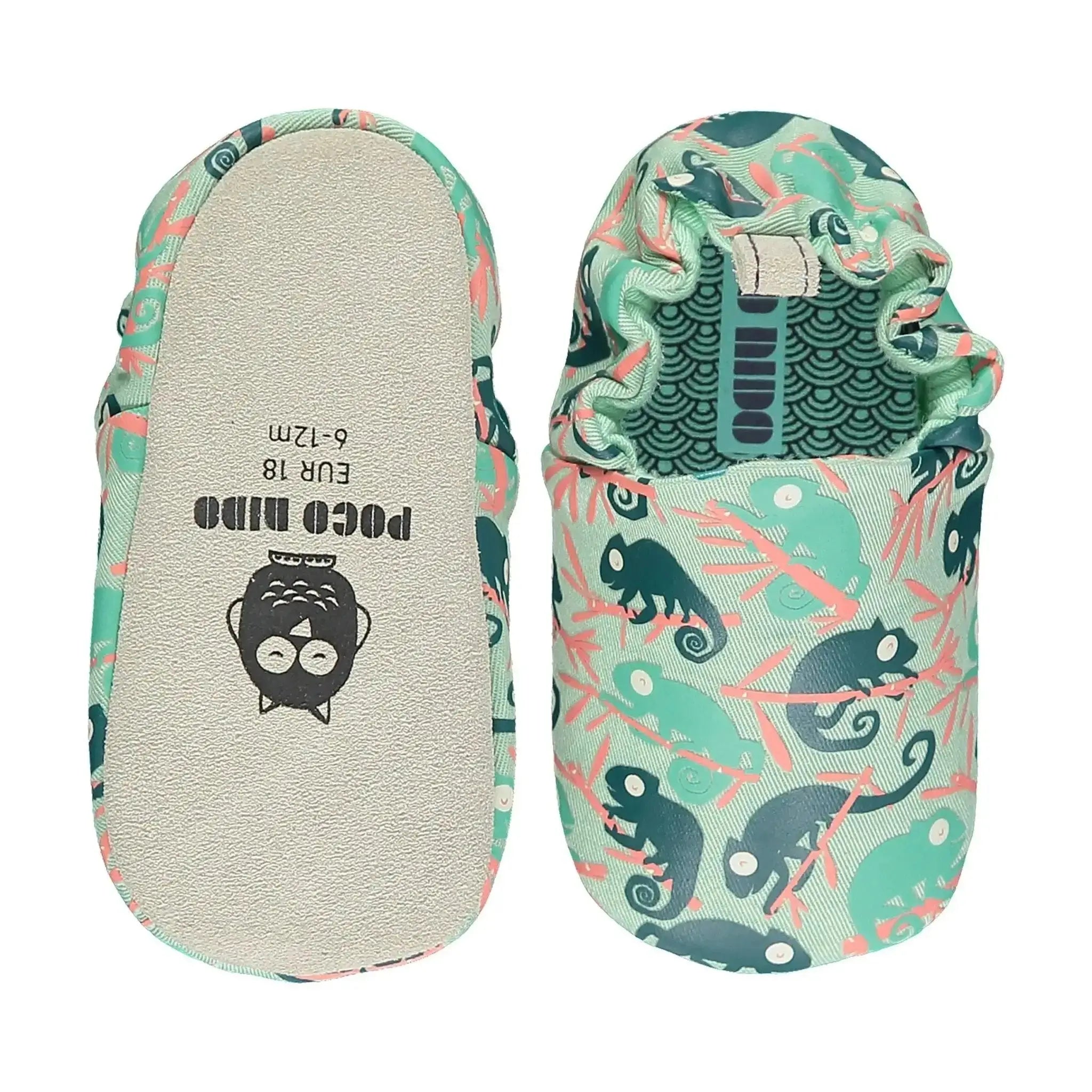 Poco Nido. Chameleon Mint Vegan Mini Shoes - mocs respetuosos de primeros pasos menta con camaleones