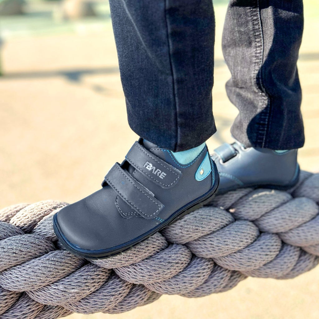 Fare Bare Kids Holeby Blue - Botines barefoot infantiles otoñales de cuero azul marino