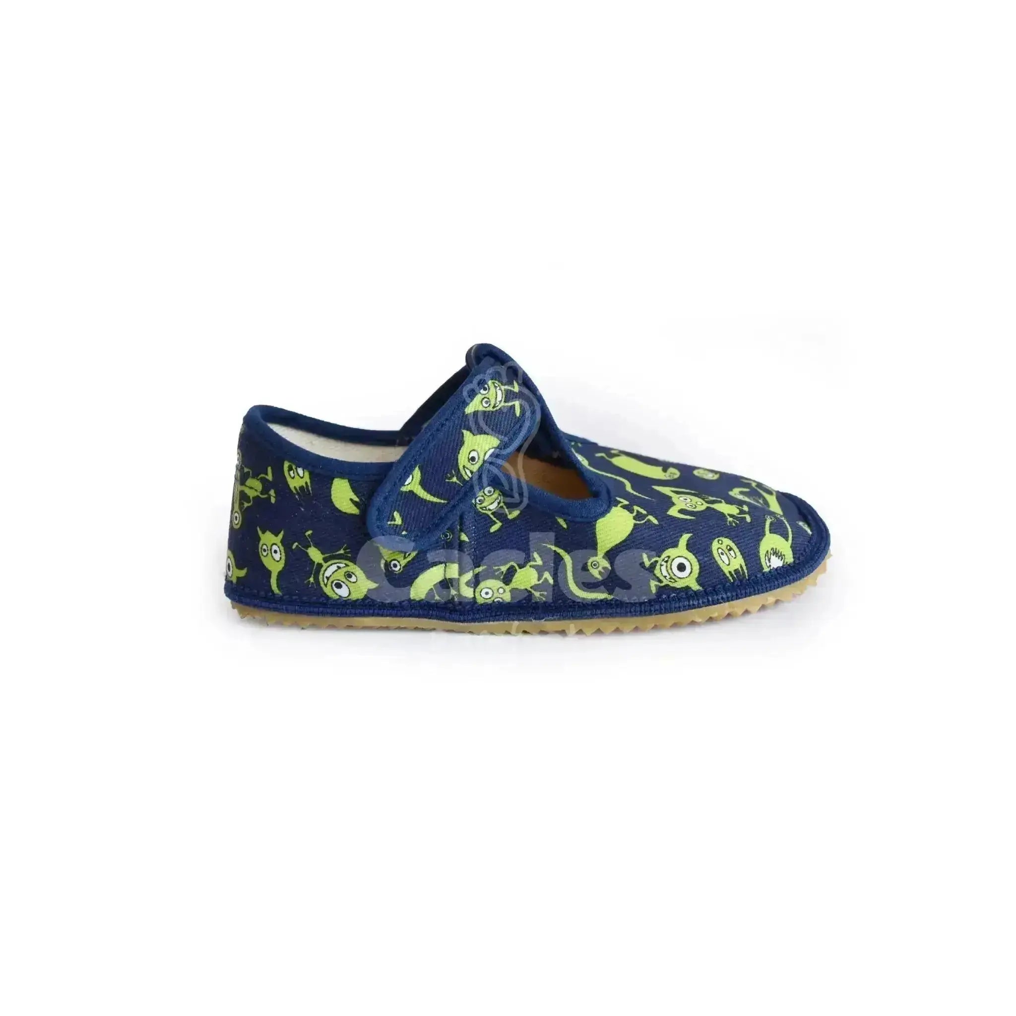 Beda - Slippers Monsters - Zapatillas de casa barefoot infantiles azul marino con estampado de monstruos