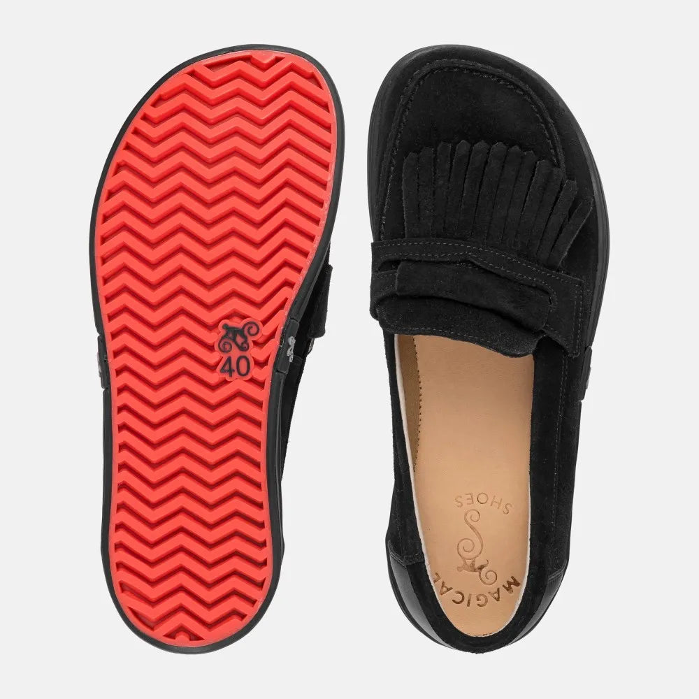 Magical Shoes Pienza Black Suede - Mocasines barefoot unisex negros